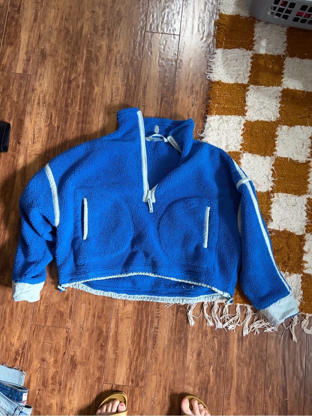 Free People Royal Blue Sherpa Half‑Zip Pullover with White Trim